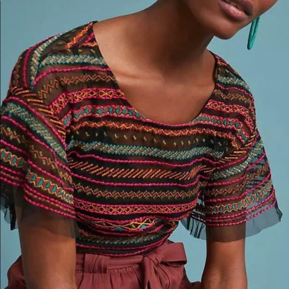 Anthropologie Maeve sheer embroidered boho top